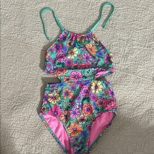Cat & Jack Floral Kids Swim One Piece - Pink and Green
